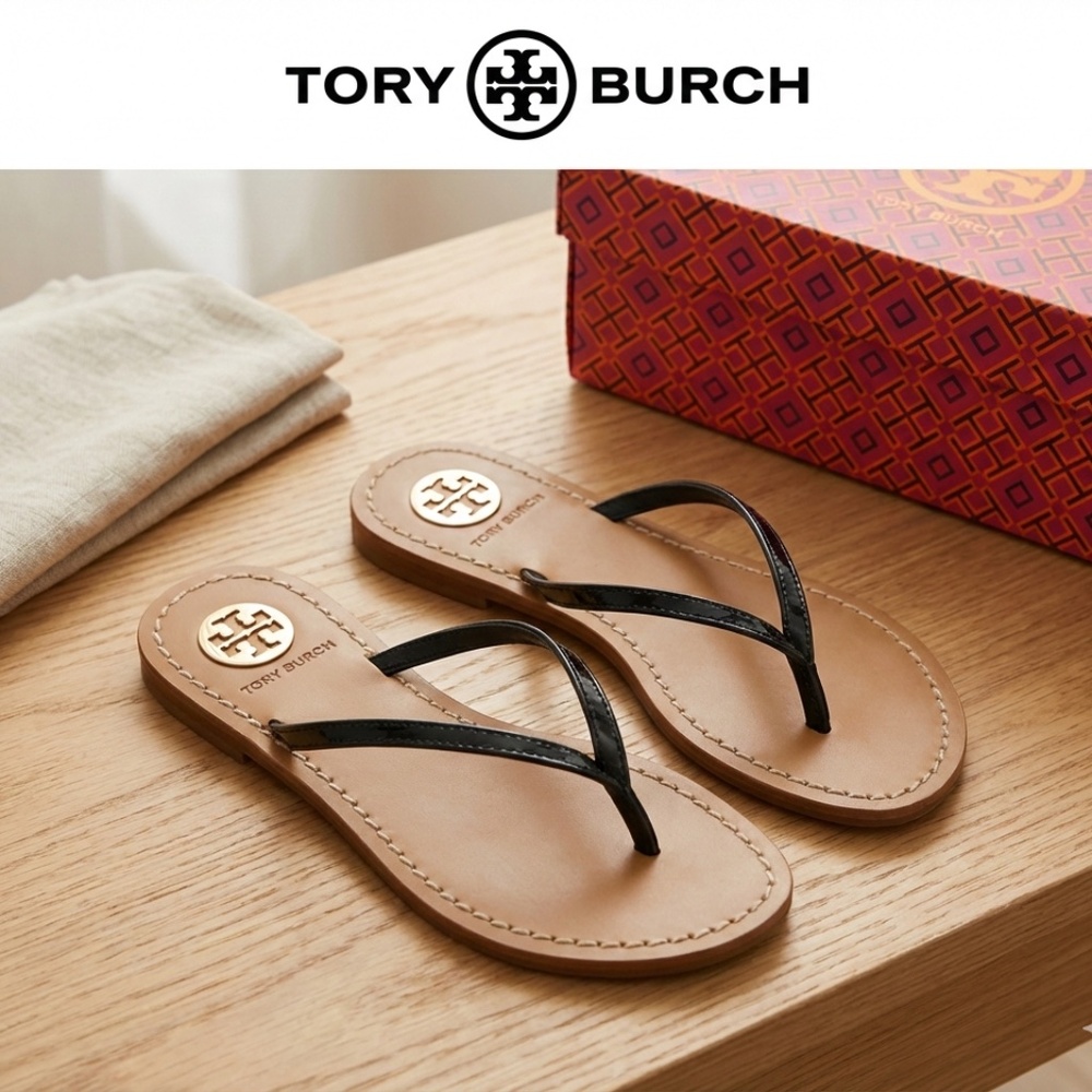 Tory Burch Abitha Patent Leather Thong Sandal Black 6